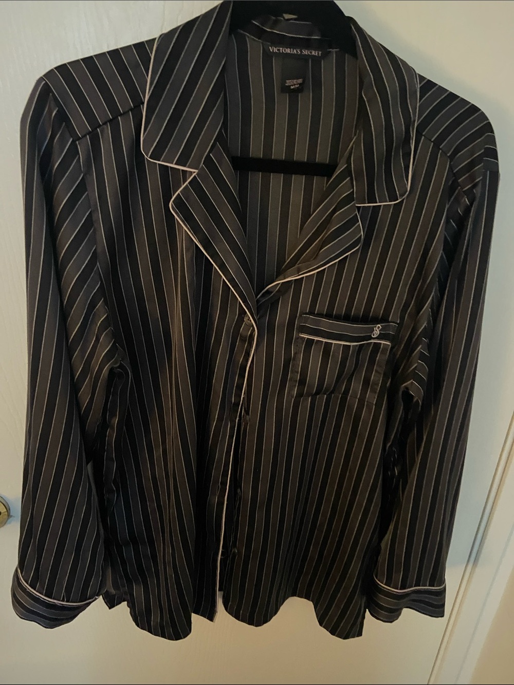 Victoria's Secret Black Satin Pinstripe Long-Sleeve Pajama Top